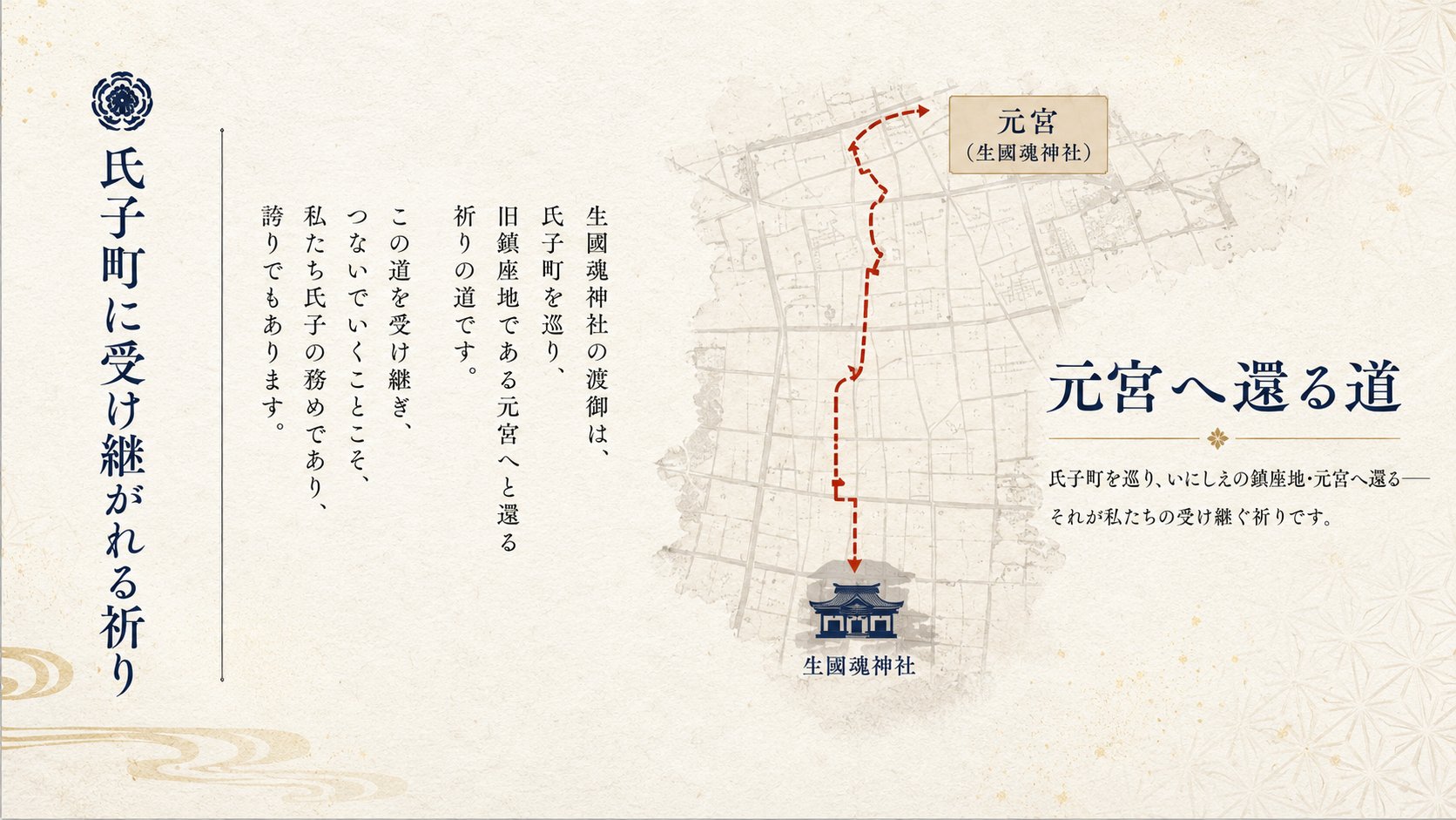 氏子町に受け継がれる祈り。生國魂神社の渡御は、氏子町を巡り、旧鎮座地である元宮へと還る祈りの道です。この道を受け継ぎ、つないでいくことこそ、私たち氏子の務めであり、誇りでもあります。